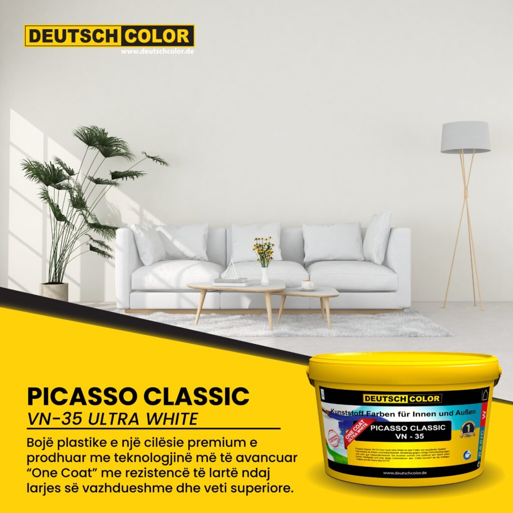 Rezistencë të lartë ndaj larjeve të shpeshta. Bojë plastike e një cilësie premium e prodhuar me teknologjinë më të avancuar “One Coat”